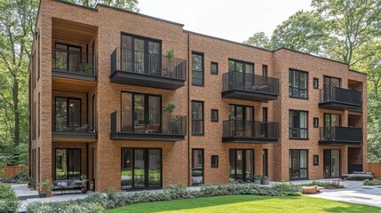 Modern brick apartment complex with balconies and lush greenery 