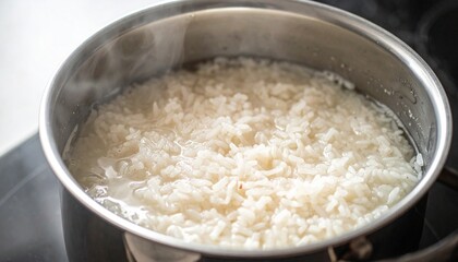 Rice boiled in water in a pot, close-up shot, steam rising, natural kitchen atmosphere