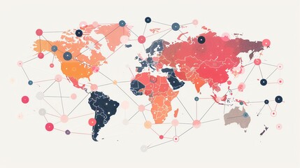 Flat vector world map with connected dots and lines, symbolizing global networks. Perfect for business, tech, and communication themes. Clean, modern, and scalable design.
