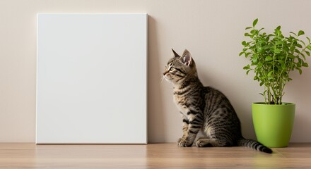 Adorable Tabby Kitten Beside Blank Canvas and Potted Plant