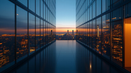 Obraz premium Stunning view of modern skyscraper with glass walls, showcasing vibrant city skyline at sunset