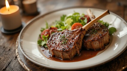 A beautifully plated dish featuring succulent lamb chops garnished with fresh vegetables and herbs, served with a rich sauce on a rustic wooden table.