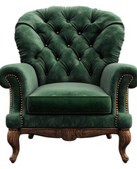 Luxurious deep green velvet armchair. Ornate wooden frame