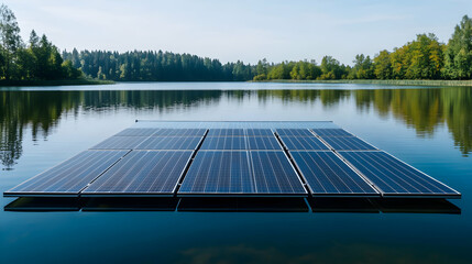 Solar panels float on water near trees under a clear blue sky.