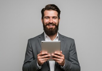 Bearded man in suit holding tablet smiles at the camera directly 