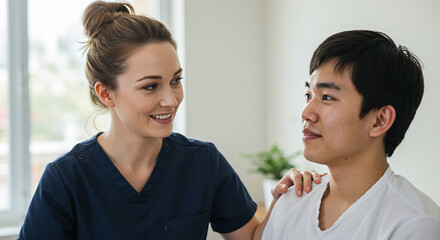 Physical therapy session with asian patient and therapist for rehabilitation program care