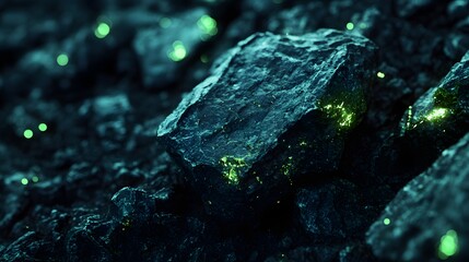 Uranium Ore: A close-up of raw uranium ore with its distinctive greenish hue, set against a dark background with subtle glowing effects.
