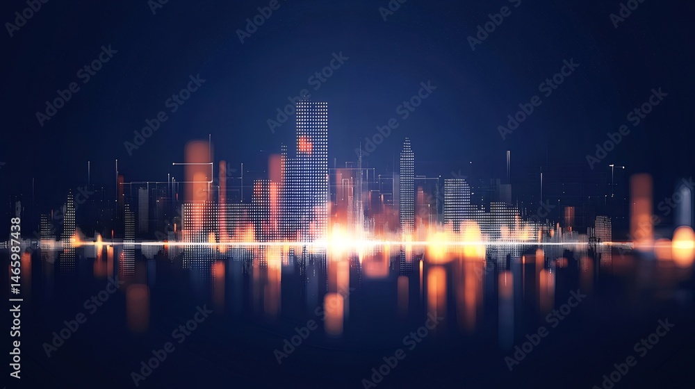 Aufkleber 青い背景にぼやけた光の反射がある都市スカイラインの夜景のパノラマビュー