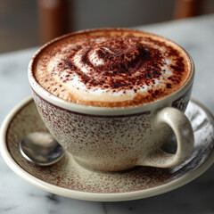 Obraz premium Cappuccino Coffee in Beige Cup on Marble Table