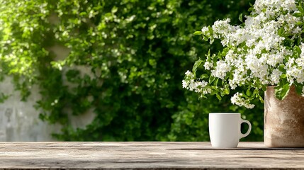 Coffee Cup on Wooden Table with White Flowers and Green Foliage