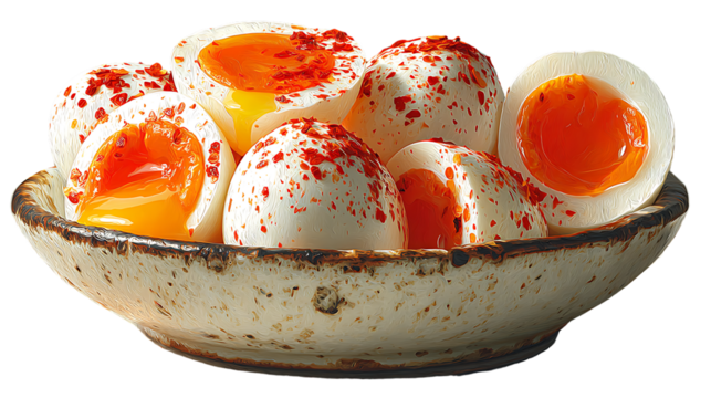 Spicy seasoned eggs in a bowl