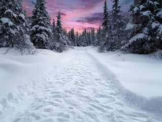 Snowy winter path through a forest at dusk.