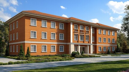 Fototapeta premium Residential brick building facade against blue sky modern archit