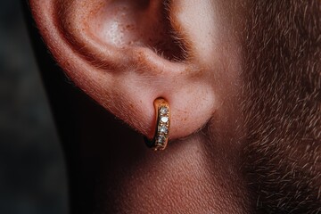 Close-up of a man's ear with a gold earring.