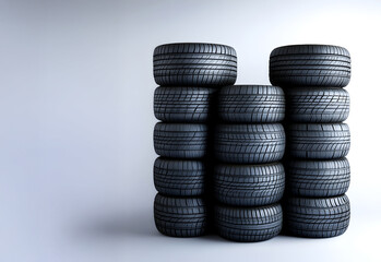 Pyramid-shaped arrangement of black car tires set against clean white studio background, captured to emphasize shape, texture, and form for modern auto design, service, or branding concepts