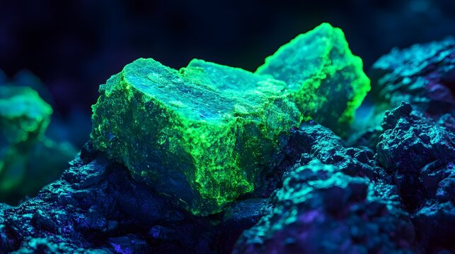 Uranium Ore: A close-up of raw uranium ore with its distinctive greenish hue, set against a dark background with subtle glowing effects.
