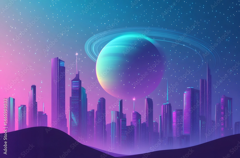 Poster 惑星と星空が輝く紫と青のピクセルアート 未来的な都市景観のスカイライン