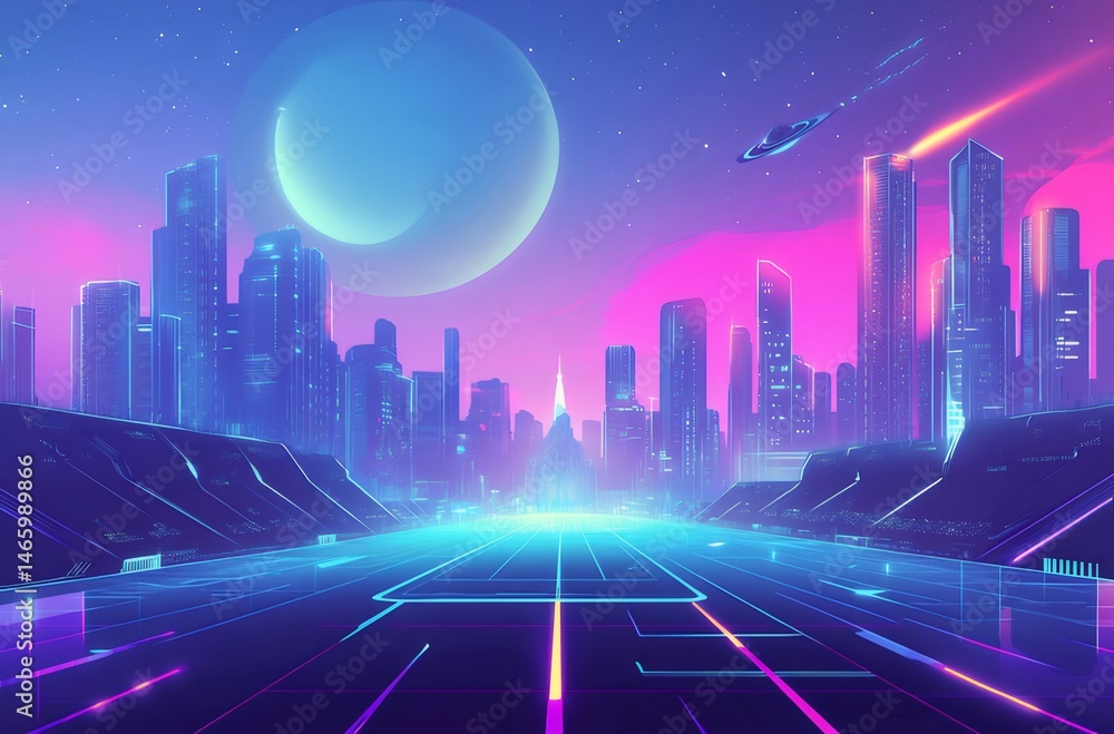 Aufkleber ネオンライトが輝く未来都市の夜景 ピンクと青の色彩が空と建物を彩るパノラマ風景 テクノロジーとサイエンスフィクションの要素を取り入れた抽象的なデジタルアート