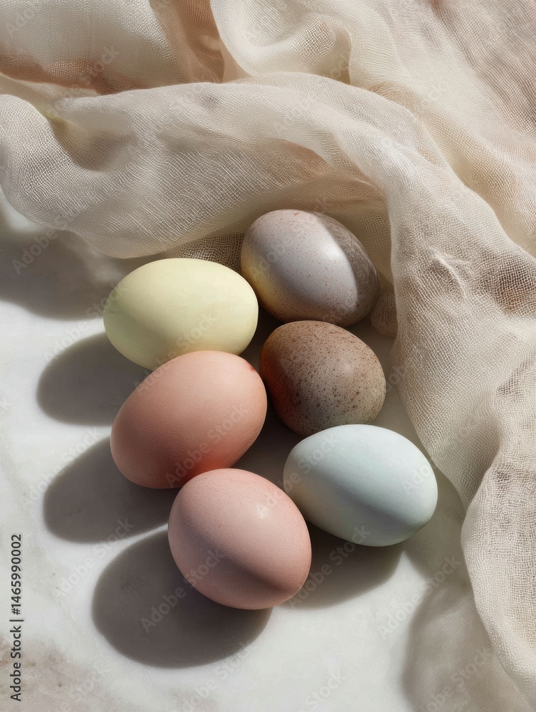 Poster modern food styling featuring six beautifully colored eggs arranged on marble with soft fabric accen