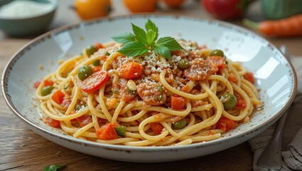 A delicious plate of spaghetti with fresh vegetables and herbs, beautifully arranged to showcase the vibrant colors and textures of an Italian meal.