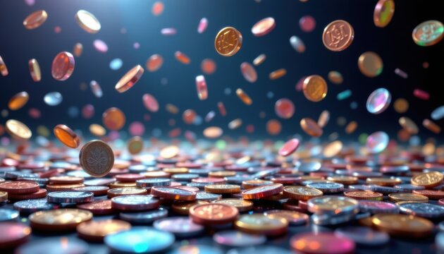 An array of colorful, translucent coins artfully floating in a vast, abstract space, each displaying intricate patterns and textures that catch the light in mesmerizing ways.