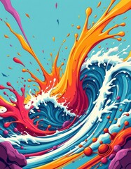 Obraz premium a vibrant cartoon scene with exaggerated, bold colored paint splashes and energetic wave movements, full of playful motion.