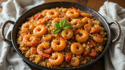 A delicious shrimp dish served in a traditional pan, garnished with fresh herbs. Perfect for culinary enthusiasts and seafood lovers alike.