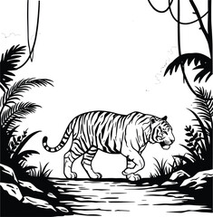 Tiger Walking Jungle Silhouette Vector