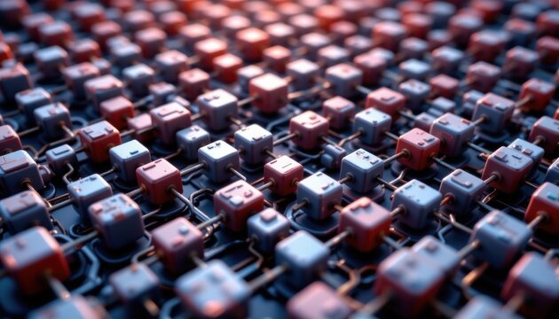 A complex network of interconnected digital blocks contiguously strung together, enabling secure and transparent transactions through decentralized consensus algorithms.