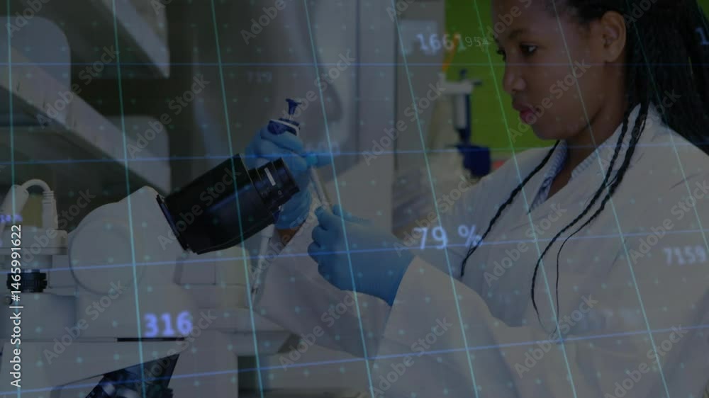 Poster scientist transferring liquid with pipette at science lab bench, showing holographic data overlay