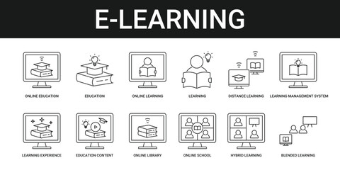 E-Learning Icon Set Collection with hybrid and blended learning icon