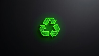 A distinctive glowing green symbol representing recycling, shining brightly against a stark black background, serving as a universal reminder to prioritize environmental sustainability.