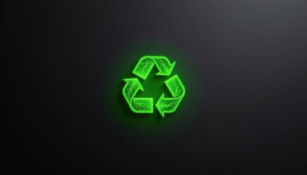 A distinctive glowing green symbol representing recycling, shining brightly against a stark black background, serving as a universal reminder to prioritize environmental sustainability.