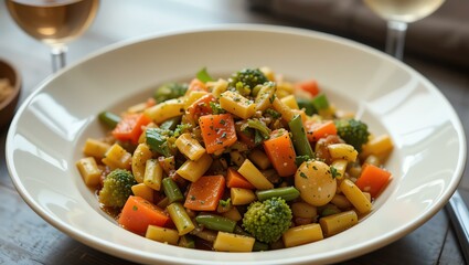 A vibrant and colorful plate of freshly prepared vegetables, showcasing a mix of carrots, broccoli, and peas served in a stylish setting.