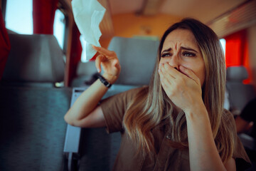Woman Crying on Train Saying Goodbye Waving Handkerchief. Sad person must leave and say the...