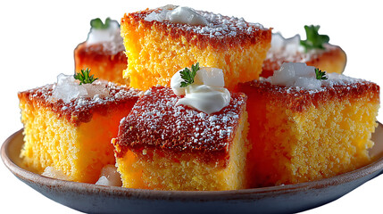 Sweet dessert squares golden cake delicious confectionery creamy topping powdered sugar gar