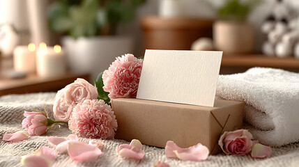 Spa Day Gift Certificate Mockup Blank Card with Flowers and Towels