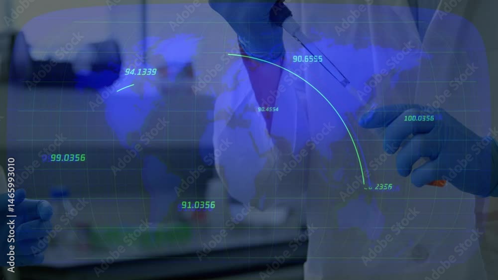Aufkleber lab research using pipette while digital world map overlay displaying data curves in flat design