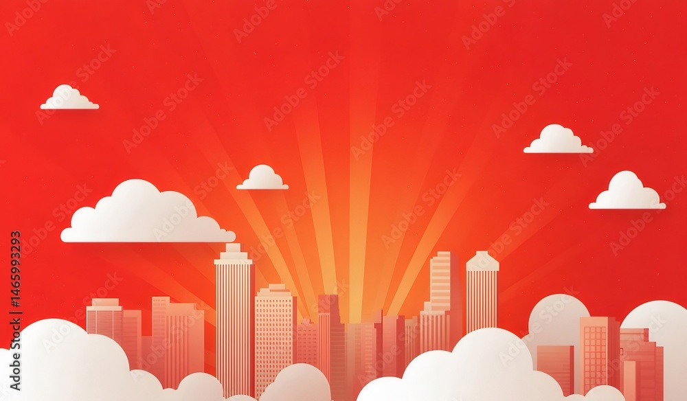 Poster 赤い背景に雲と太陽光線が輝く現代的な都市景観のピクセルアート高層ビル群のスカイラインイラスト