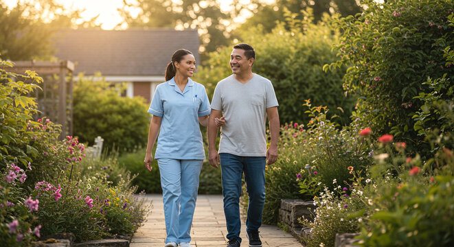Caregiver support walking with senior man in garden for assisted living and home health - Powered by Adobe