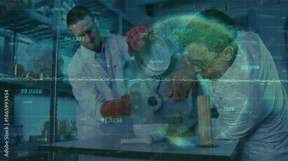 Poster two lab technicians pouring granular substance and adjusting apparatus, with floating data overlay