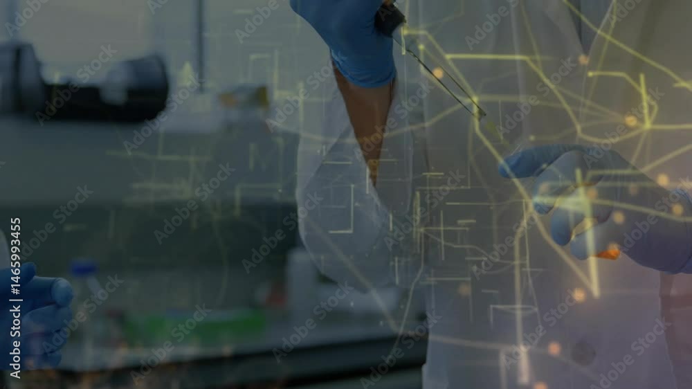 Poster scientific experiment being animated in flat design lab scene, showing pipette, digital overlay