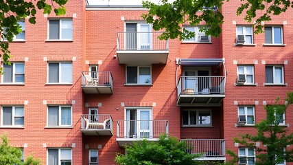 Fototapeta premium Modern Red Brick Apartment Building Exterior with Balconies and Greenery