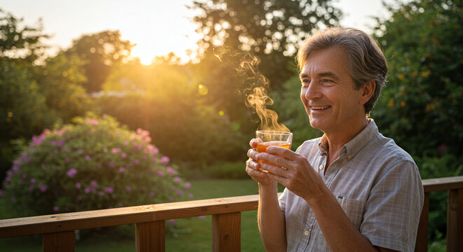 Man enjoying sunset with tea on deck, relaxation and wellness in nature, peaceful moment