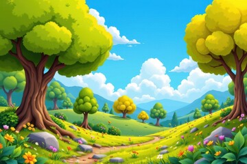 a stylized cartoon scene with exaggerated, bright greens, oversized trees, and playful clouds in a vibrant environment.