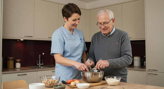 Senior man cooking with caregiver in kitchen promoting healthy eating and assisted living