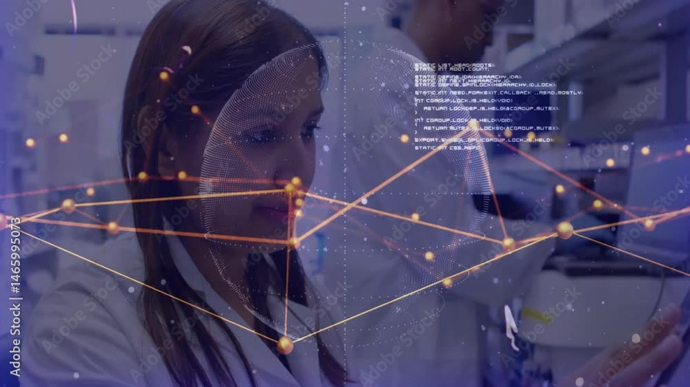 Poster female scientist operating microscope in science lab, with holographic data nodes floating