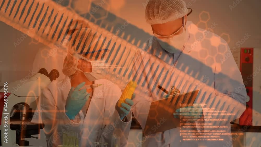 Poster two scientists injecting corn sample and noting data in biotech lab, displaying dna helix overlays