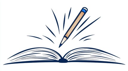 Pencil Writing in Open Book Blue and Brown Illustration