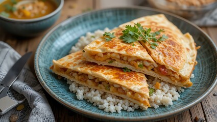 Delicious quesadillas filled with fresh ingredients served on a vibrant plate, garnished with cilantro, perfect for a satisfying meal or snack.